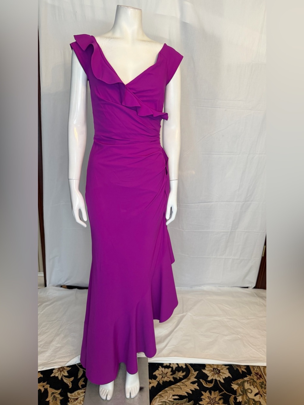 Fuchsia Ruffle-Trim Maxi Dress with V-Neck